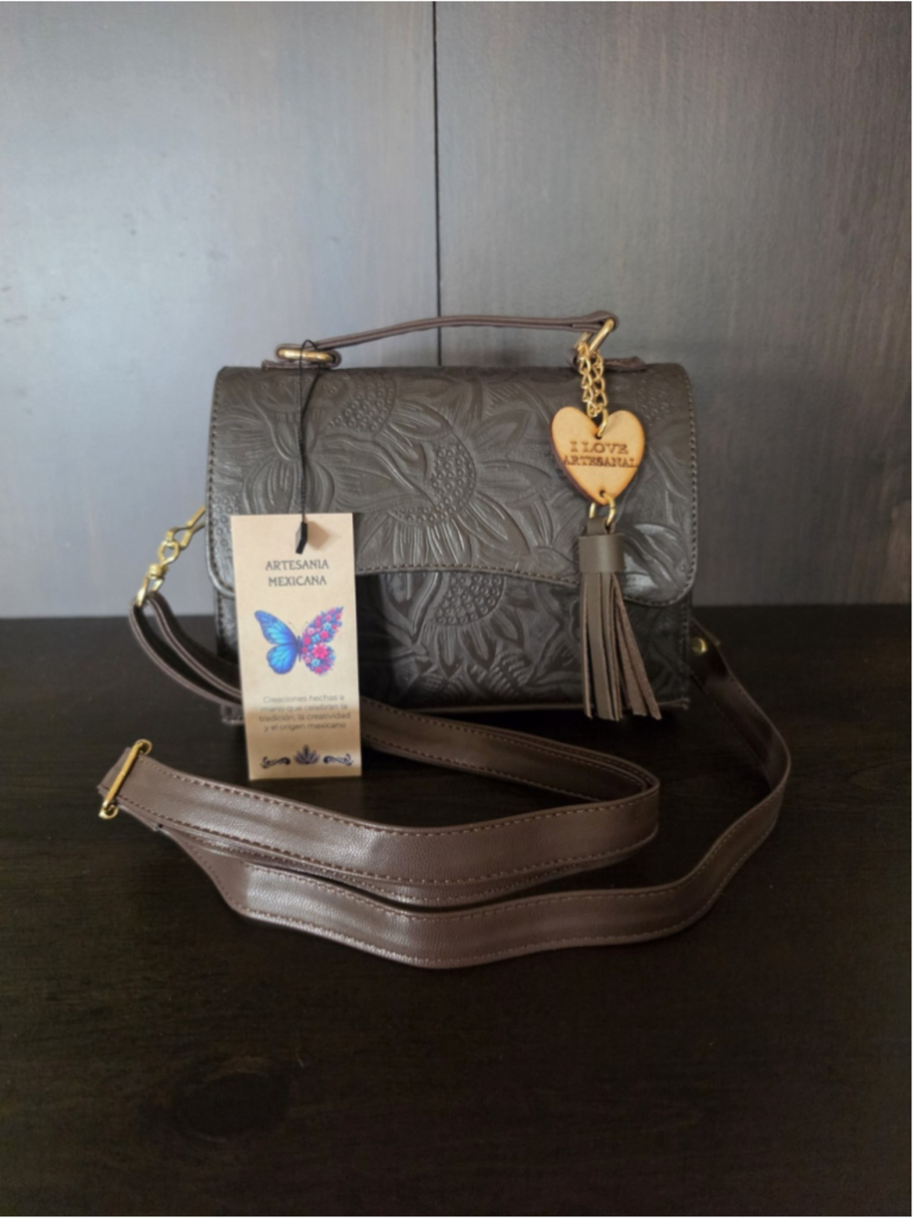 Dark Chocolate Brown Sunflower Embossed Tooled Artisan Leather Crossbody Bag - Picture 14 of 16